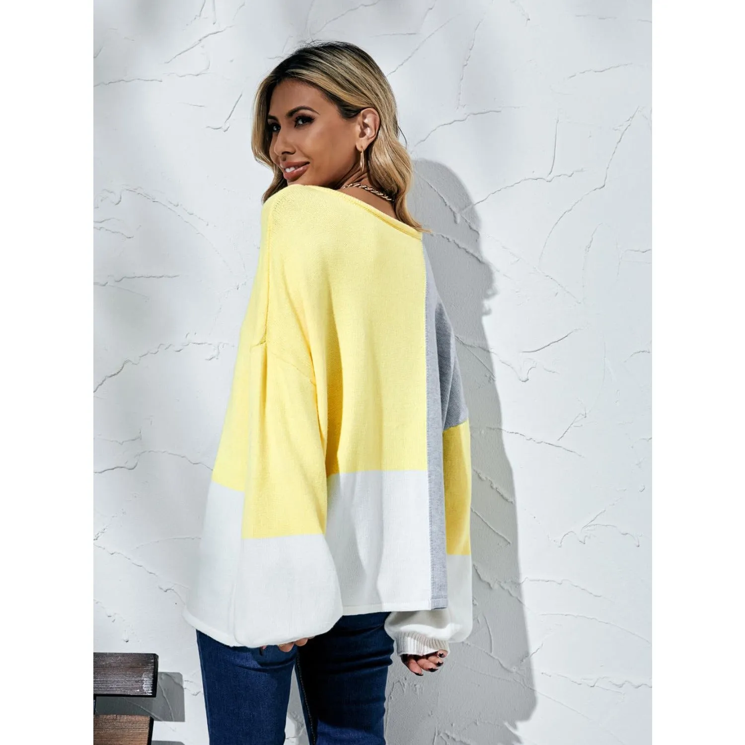 The Color Block Balloon Sleeve Boat Neck Sweater Yellow, Black or Beige