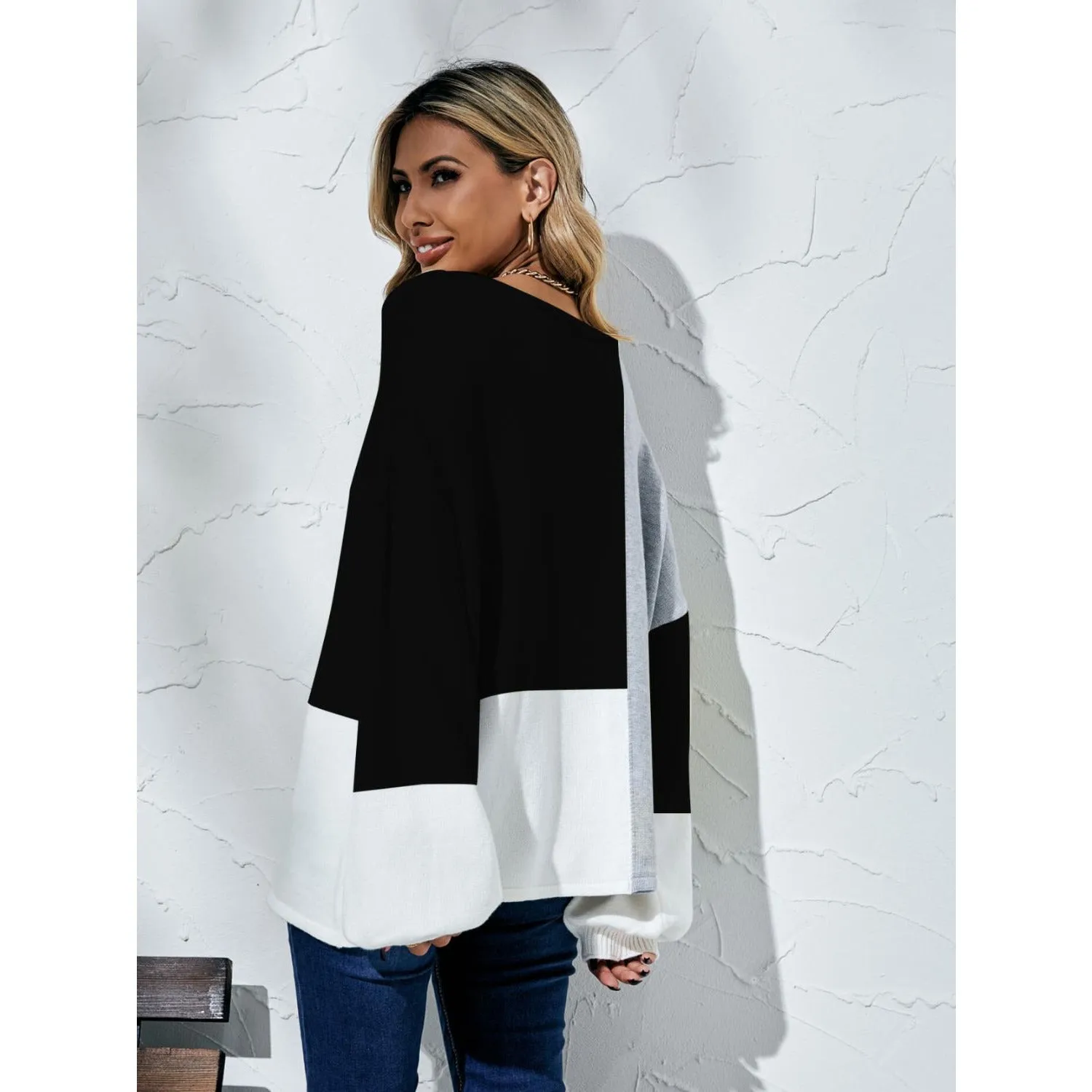 The Color Block Balloon Sleeve Boat Neck Sweater Yellow, Black or Beige