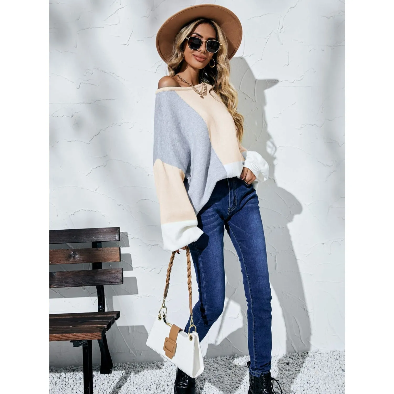 The Color Block Balloon Sleeve Boat Neck Sweater Yellow, Black or Beige