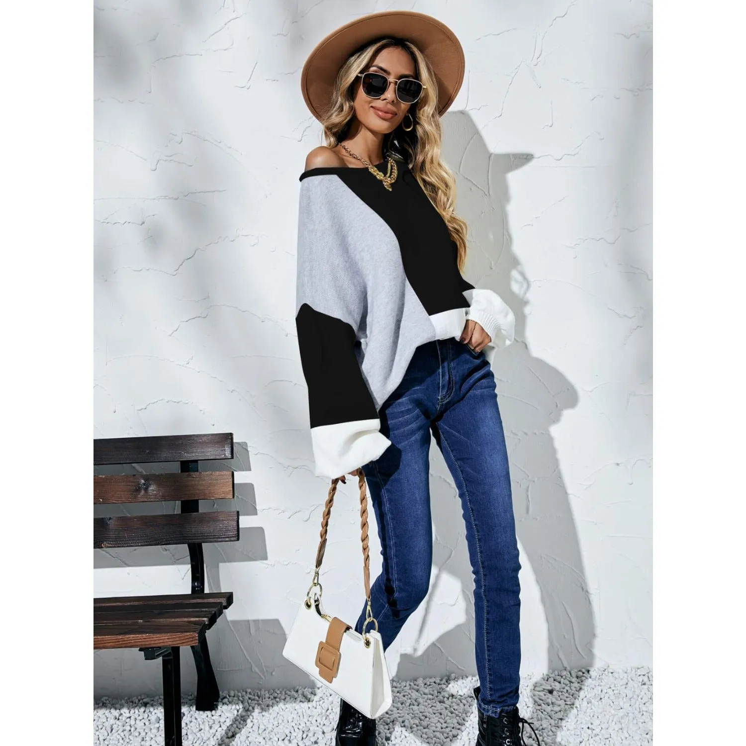 The Color Block Balloon Sleeve Boat Neck Sweater Yellow, Black or Beige