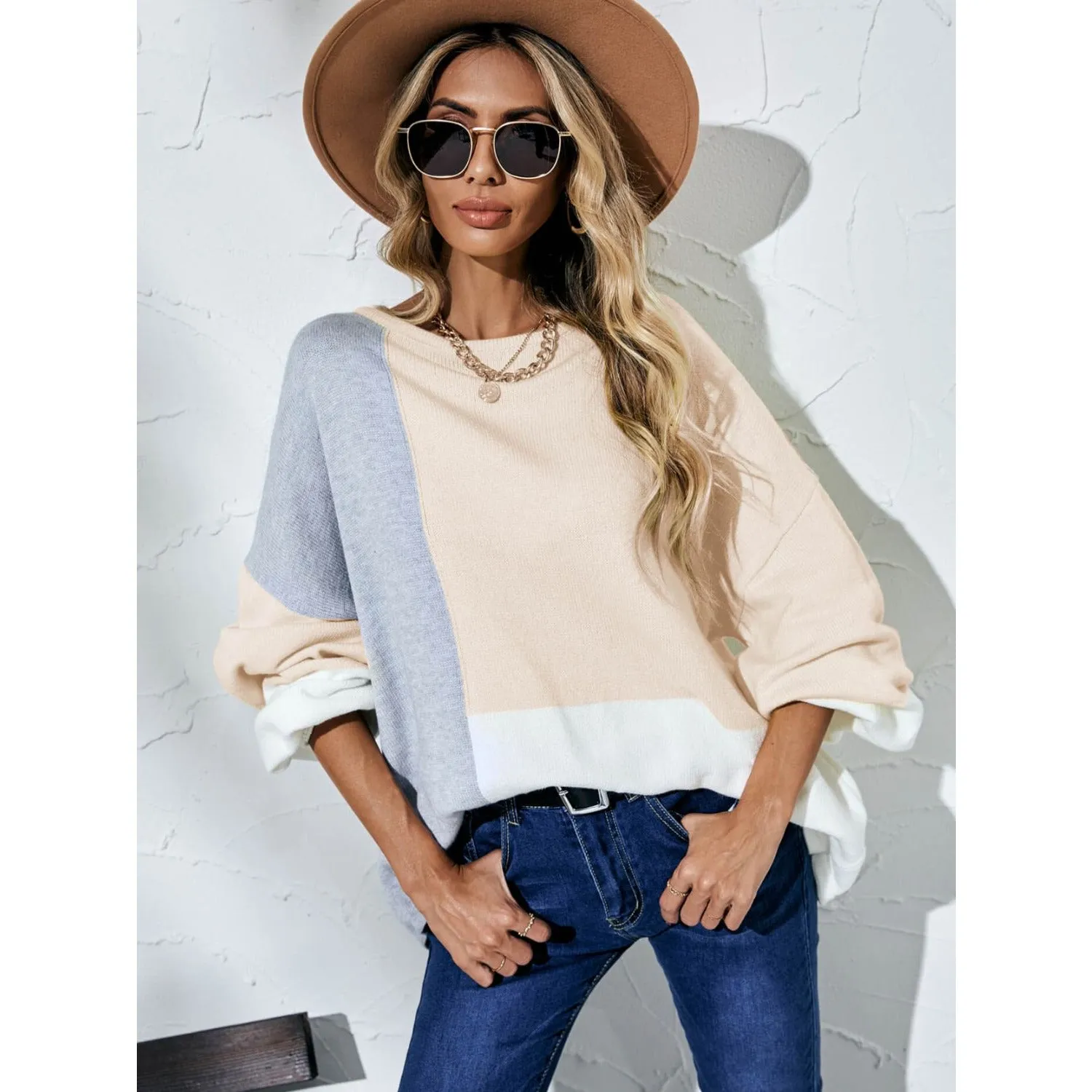 The Color Block Balloon Sleeve Boat Neck Sweater Yellow, Black or Beige