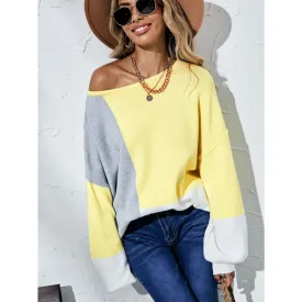 The Color Block Balloon Sleeve Boat Neck Sweater Yellow, Black or Beige