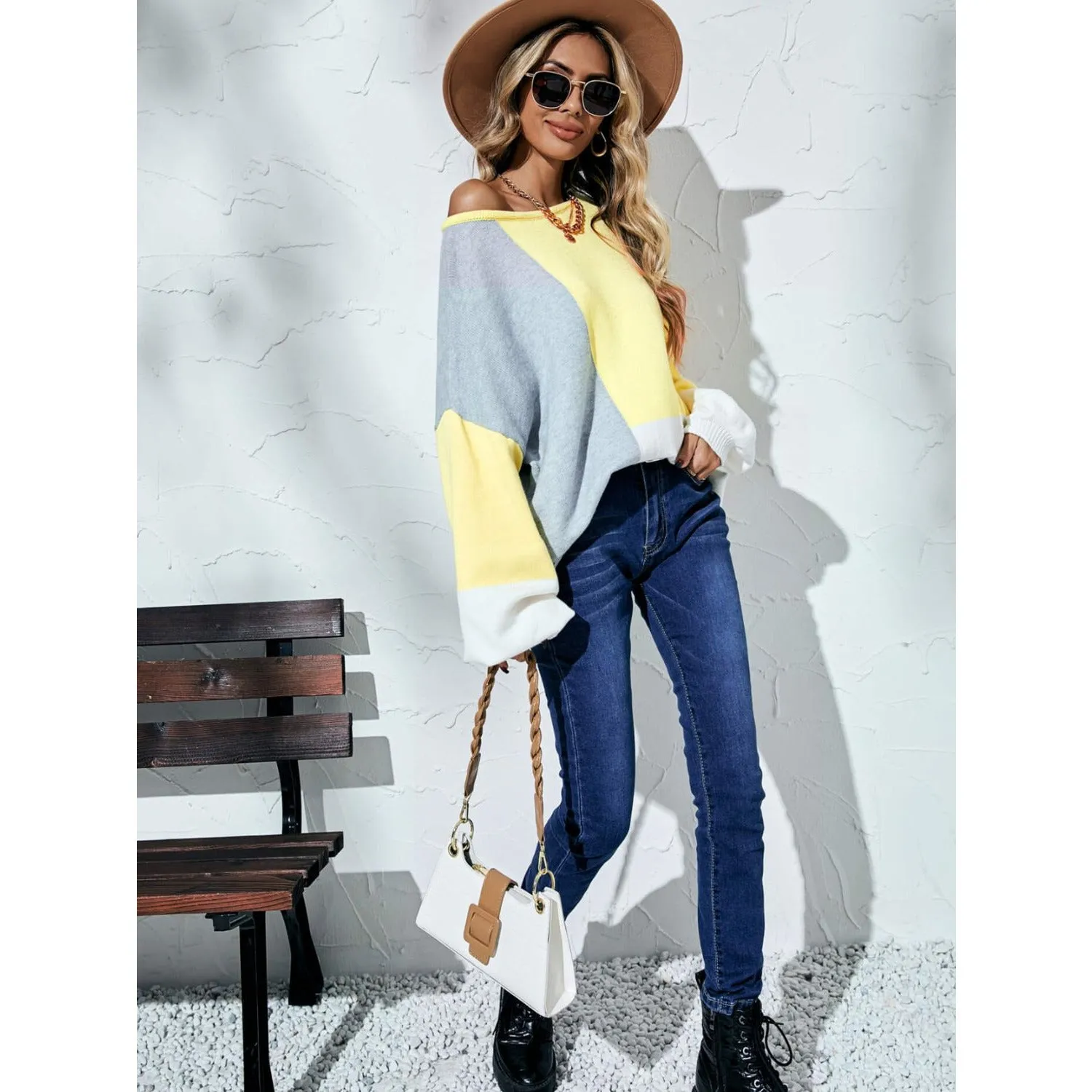The Color Block Balloon Sleeve Boat Neck Sweater Yellow, Black or Beige
