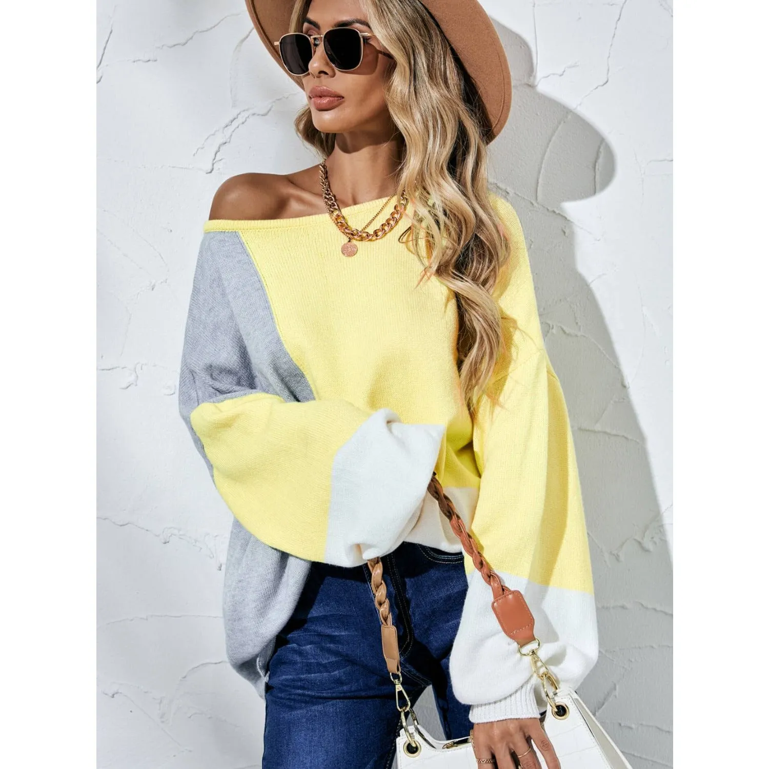 The Color Block Balloon Sleeve Boat Neck Sweater Yellow, Black or Beige