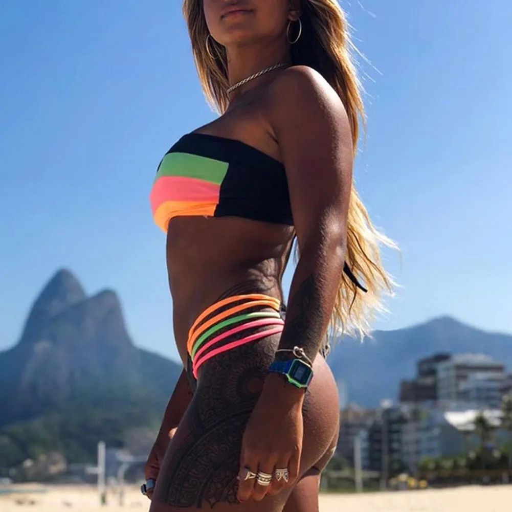 Tube Top Stripes  Bikini Swimsuit Set-Padded Wireless Strapless