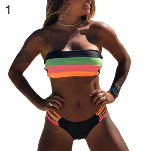 Tube Top Stripes  Bikini Swimsuit Set-Padded Wireless Strapless