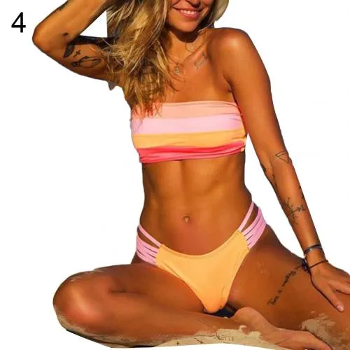 Tube Top Stripes  Bikini Swimsuit Set-Padded Wireless Strapless