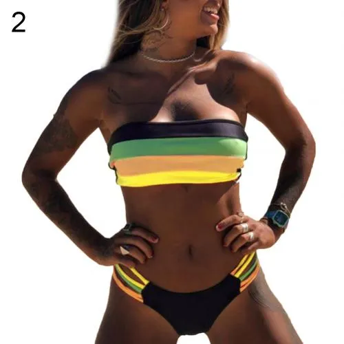 Tube Top Stripes  Bikini Swimsuit Set-Padded Wireless Strapless