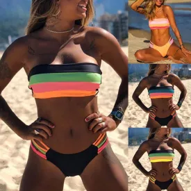 Tube Top Stripes  Bikini Swimsuit Set-Padded Wireless Strapless