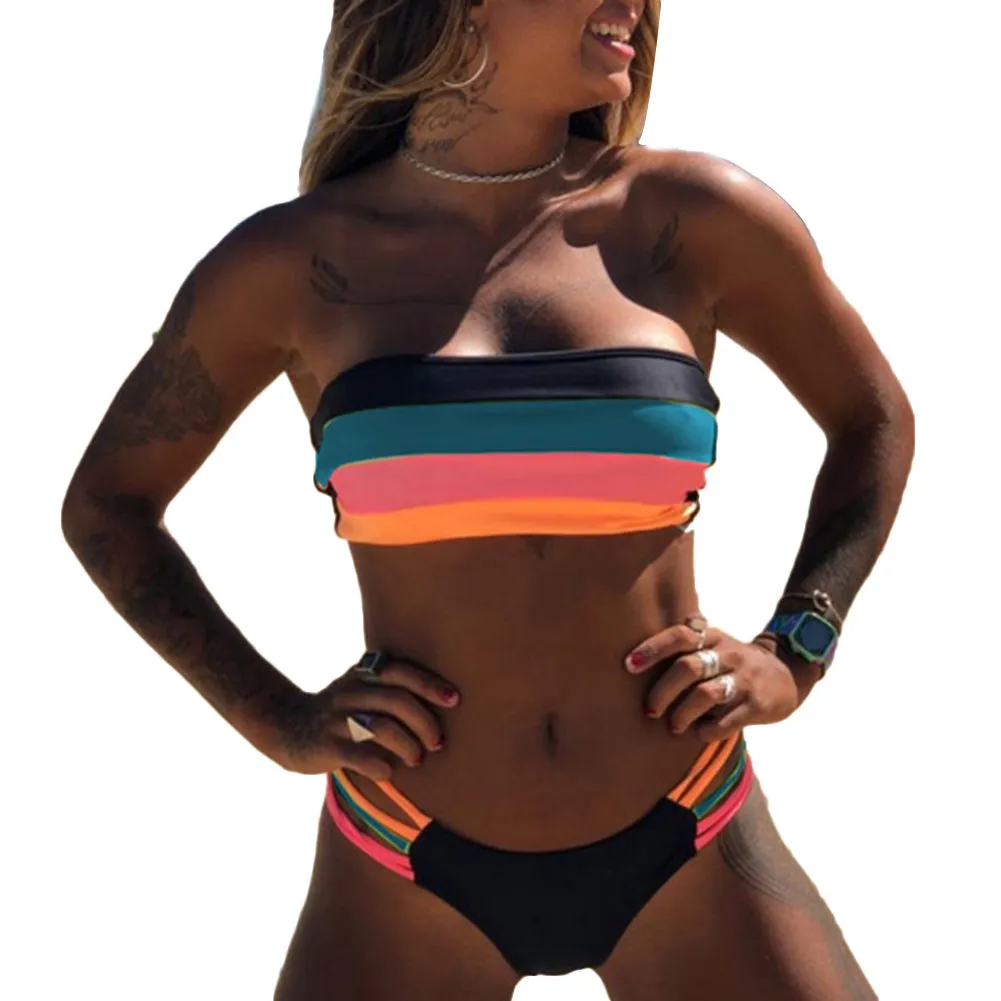 Tube Top Stripes  Bikini Swimsuit Set-Padded Wireless Strapless