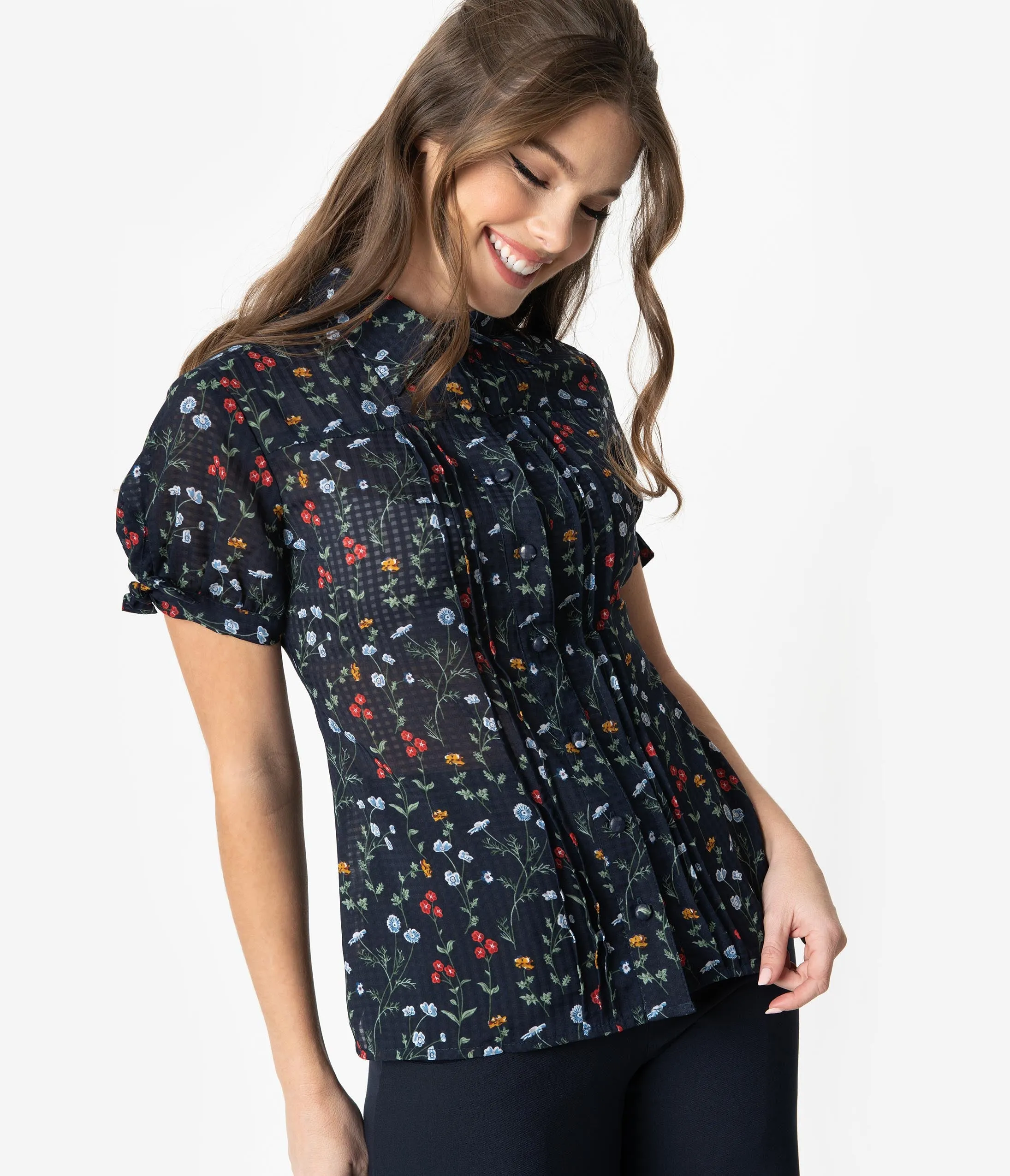 Unique Vintage Navy Floral Button Up Short Sleeve Colvin Blouse