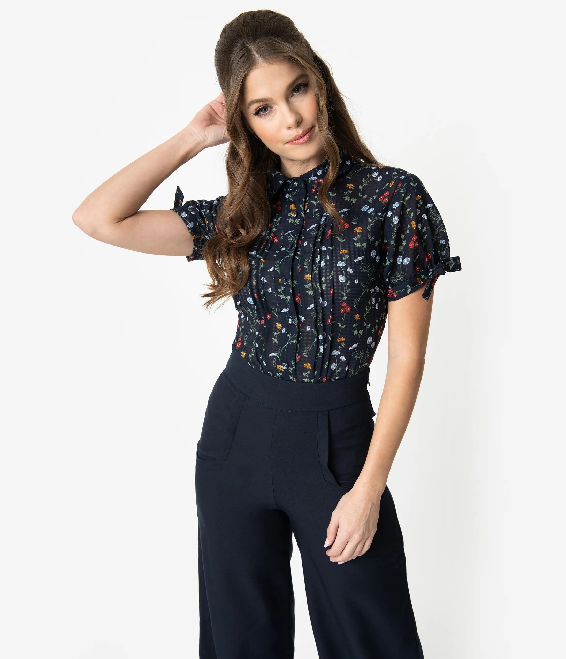 Unique Vintage Navy Floral Button Up Short Sleeve Colvin Blouse