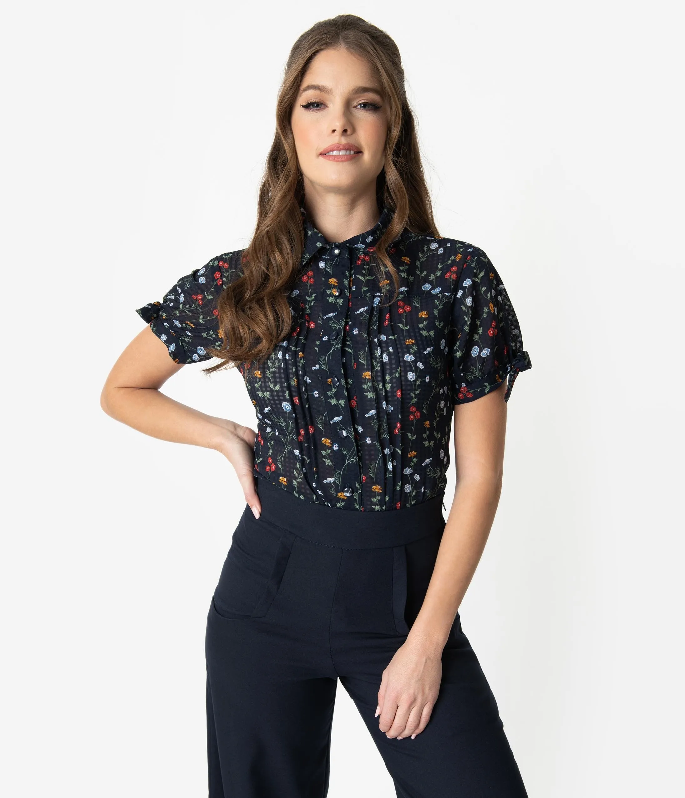 Unique Vintage Navy Floral Button Up Short Sleeve Colvin Blouse