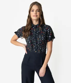 Unique Vintage Navy Floral Button Up Short Sleeve Colvin Blouse