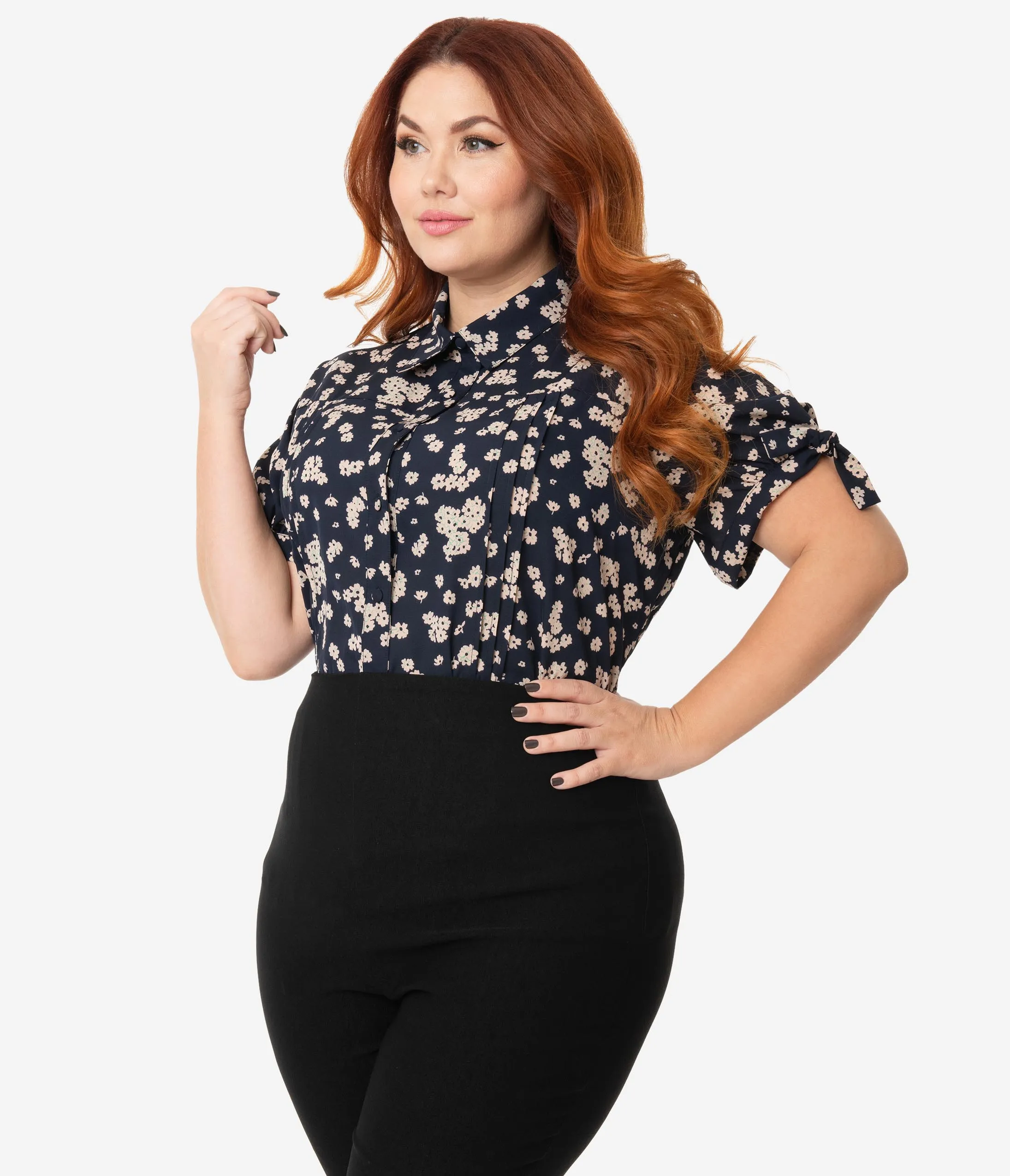 Unique Vintage Plus Size Navy & Light Pink Floral Print Colvin Blouse