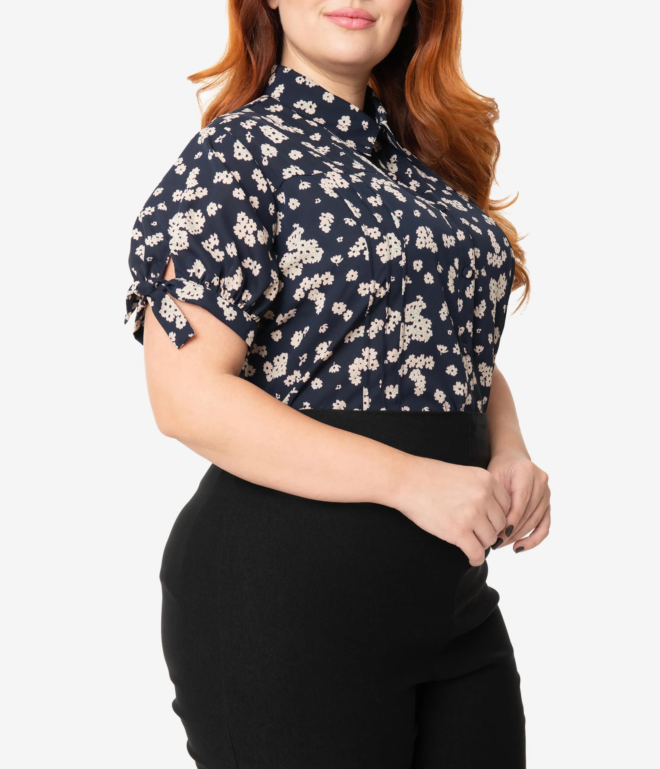 Unique Vintage Plus Size Navy & Light Pink Floral Print Colvin Blouse