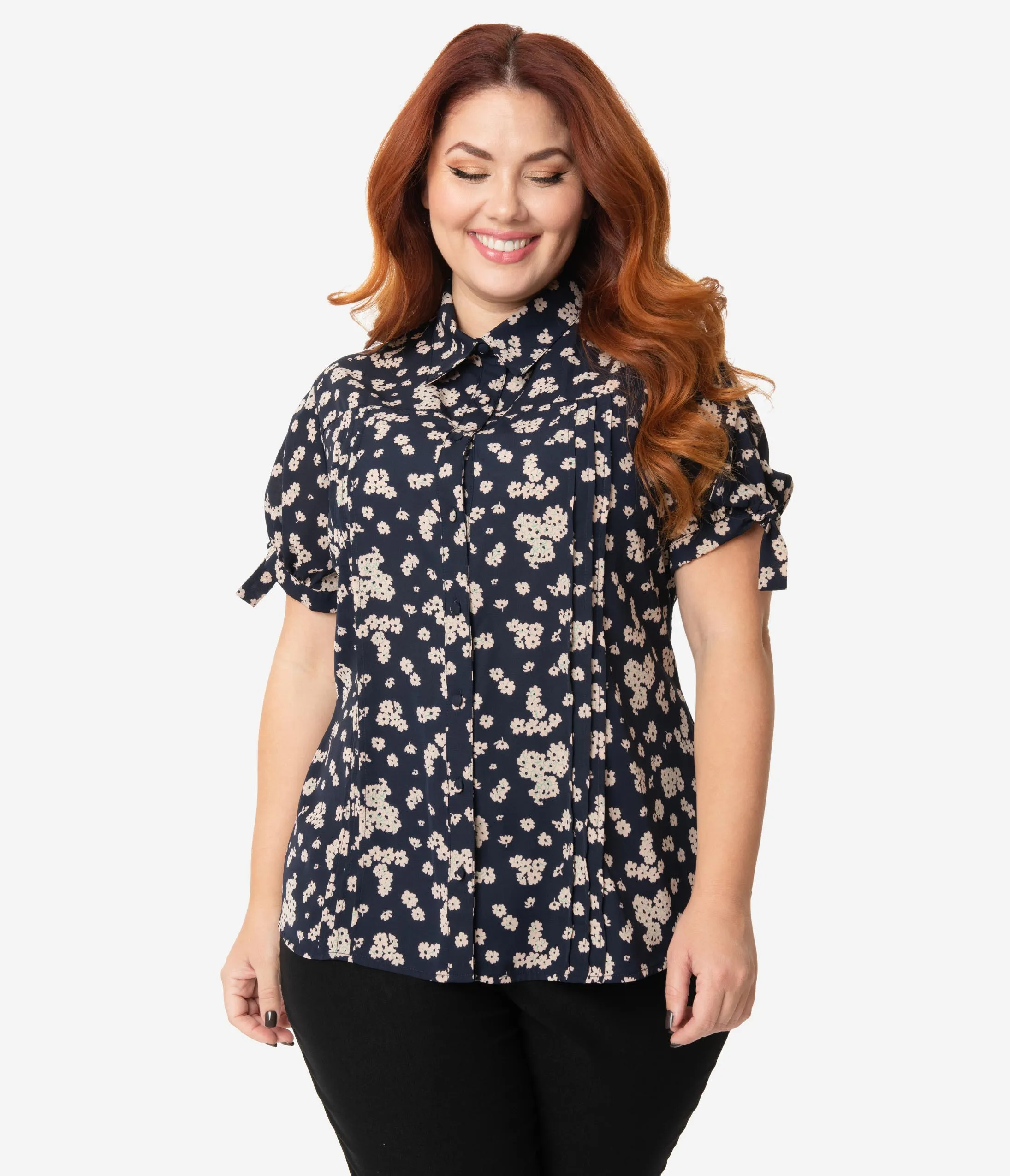 Unique Vintage Plus Size Navy & Light Pink Floral Print Colvin Blouse