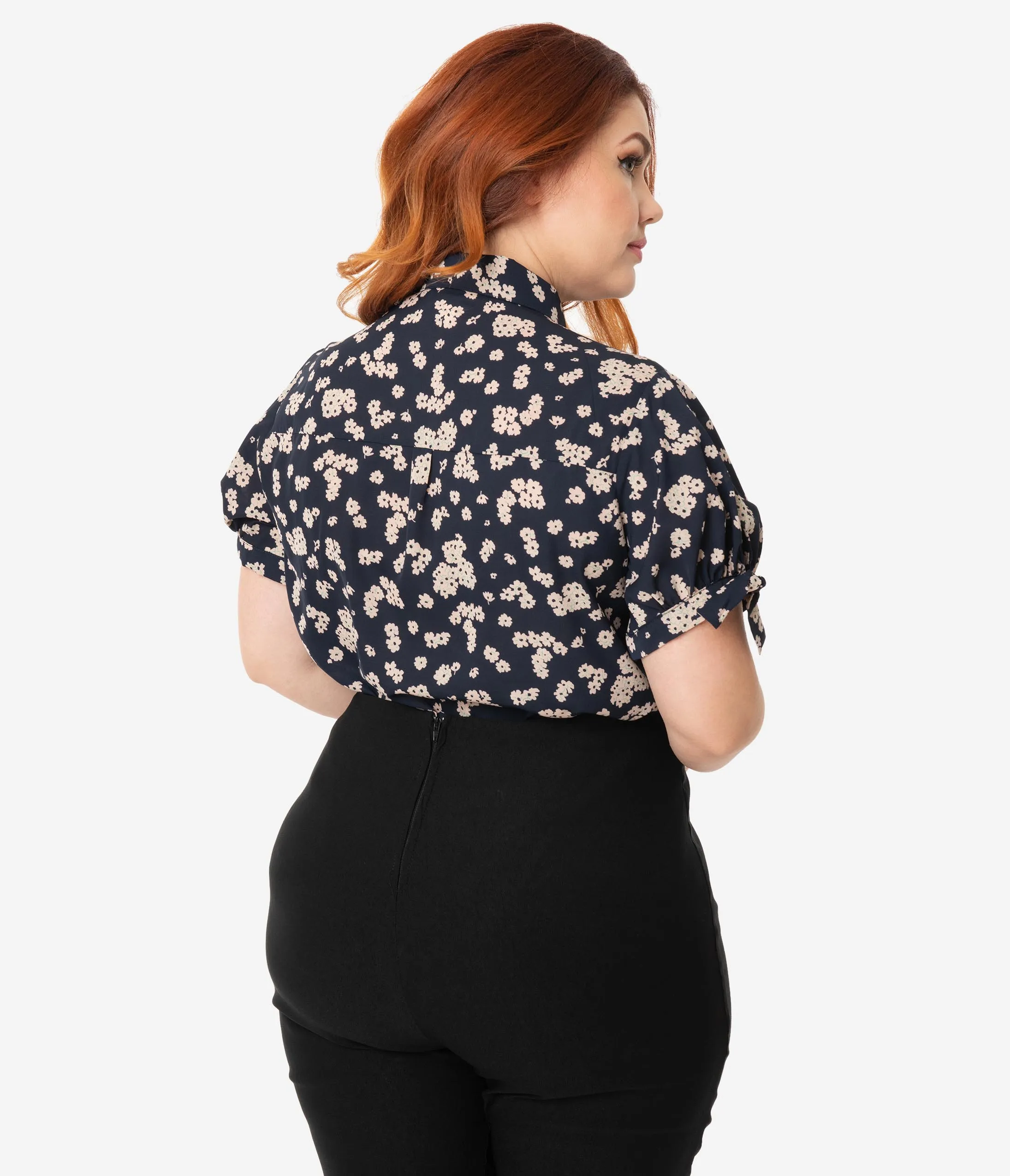 Unique Vintage Plus Size Navy & Light Pink Floral Print Colvin Blouse