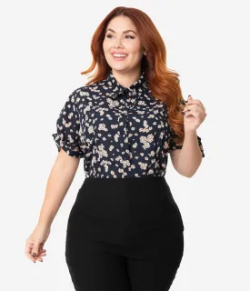 Unique Vintage Plus Size Navy & Light Pink Floral Print Colvin Blouse