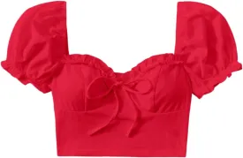 Verdusa Women's Frill Trim Sweetheart Neck Tie Front Short Puff Sleeve Crop Blouse Top