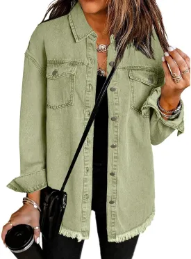 Vetinee Womens Oversized Button Up Frayed Hem Shacket Long Sleeve Pockets Denim Jean Jacket