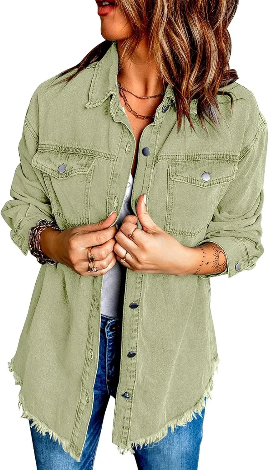 Vetinee Womens Oversized Button Up Frayed Hem Shacket Long Sleeve Pockets Denim Jean Jacket