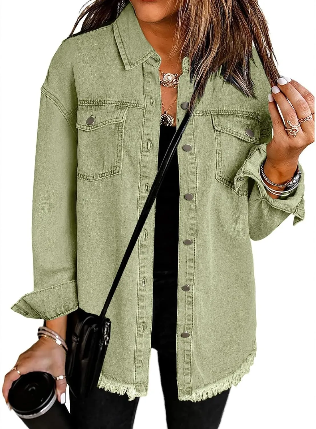Vetinee Womens Oversized Button Up Frayed Hem Shacket Long Sleeve Pockets Denim Jean Jacket