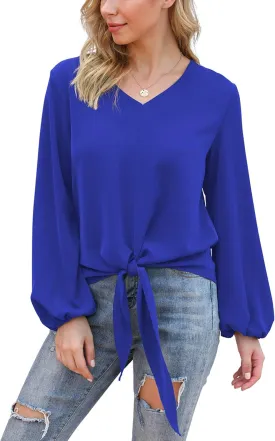 VIISHOW Womens Tie Front Knot Lartern Sleeve Loose Fit V Neck Floral Blouses Chiffon Tops Shirts