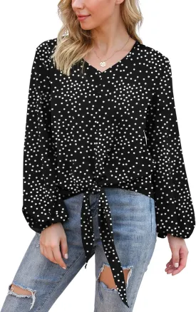 VIISHOW Womens Tie Front Knot Lartern Sleeve Loose Fit V Neck Floral Blouses Chiffon Tops Shirts