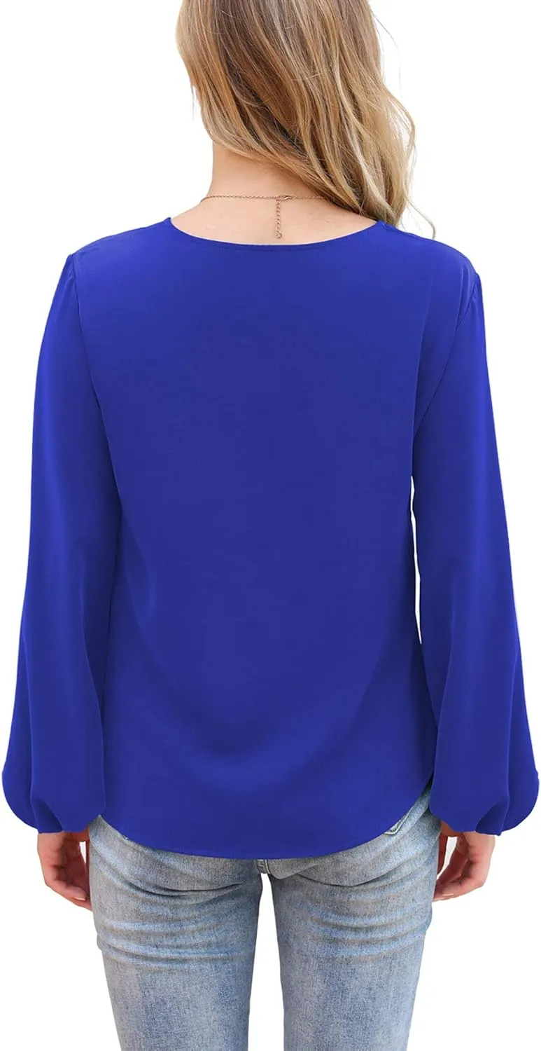 VIISHOW Womens Tie Front Knot Lartern Sleeve Loose Fit V Neck Floral Blouses Chiffon Tops Shirts