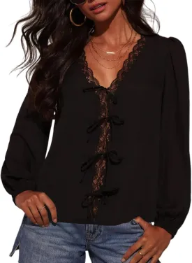 VIMPUNEC Womens Tie Front Lace Tops Dressy Casual Blouses Long Sleeve V Neck Shirts