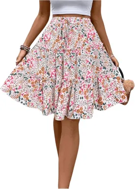WDIRARA Women's Floral Print Ruffle Hem Elastic High Waist Tie Front Skirt