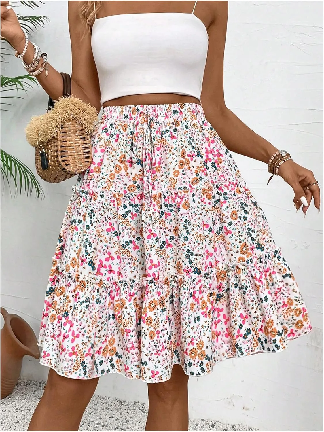 WDIRARA Women's Floral Print Ruffle Hem Elastic High Waist Tie Front Skirt