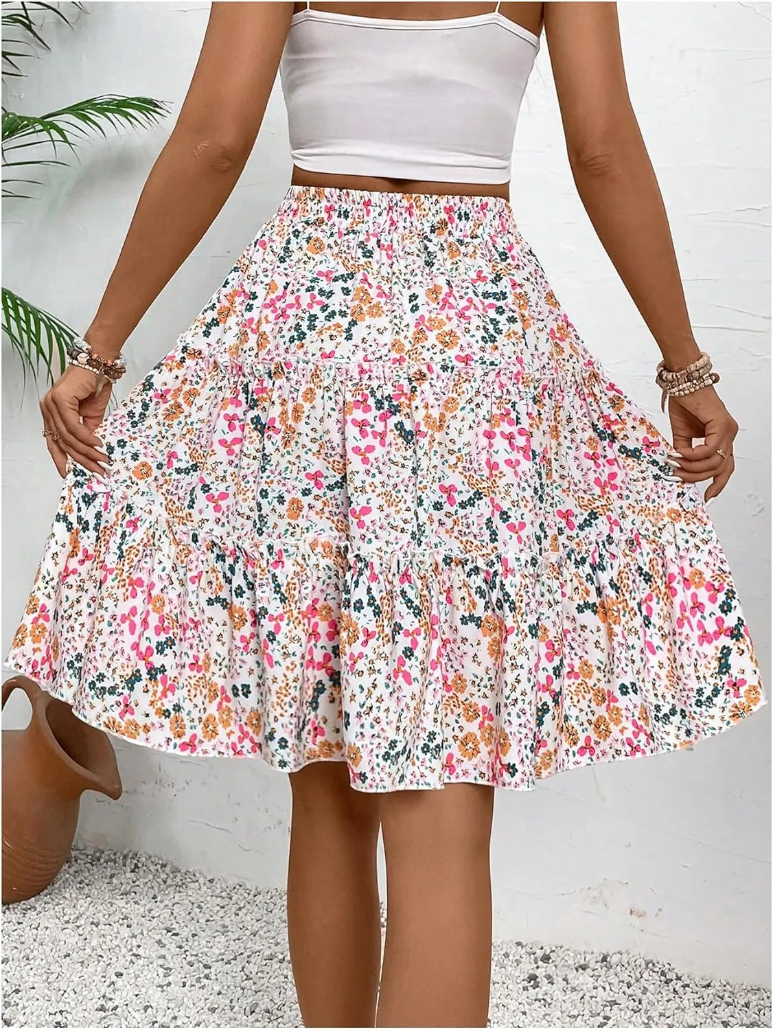 WDIRARA Women's Floral Print Ruffle Hem Elastic High Waist Tie Front Skirt