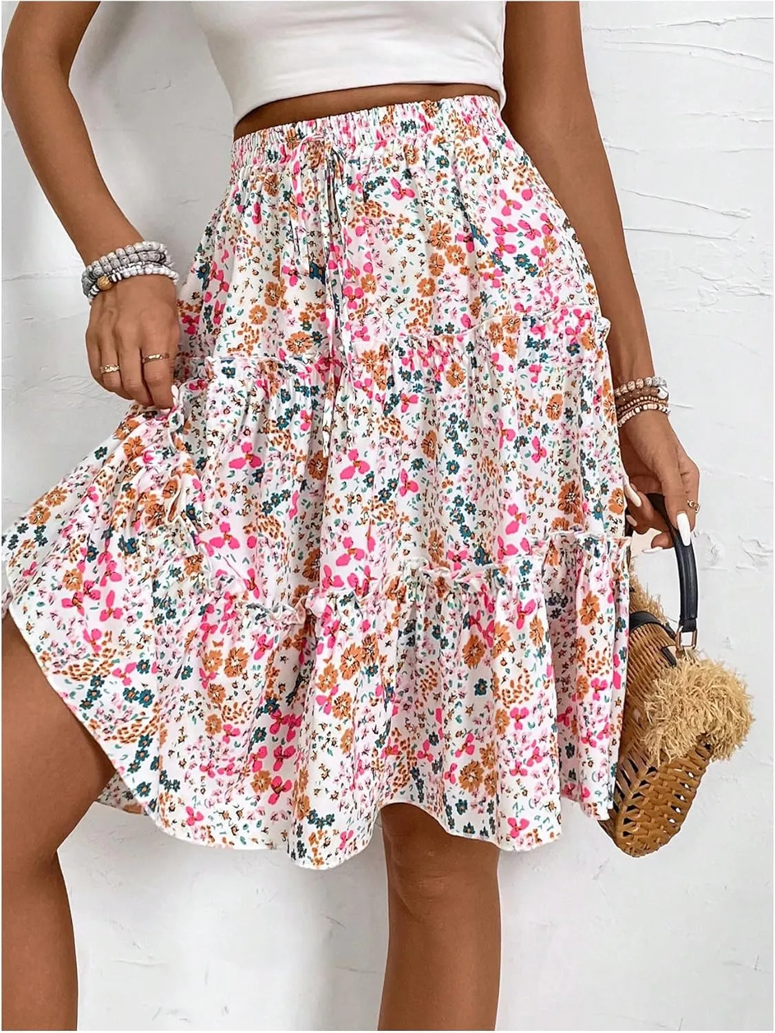 WDIRARA Women's Floral Print Ruffle Hem Elastic High Waist Tie Front Skirt