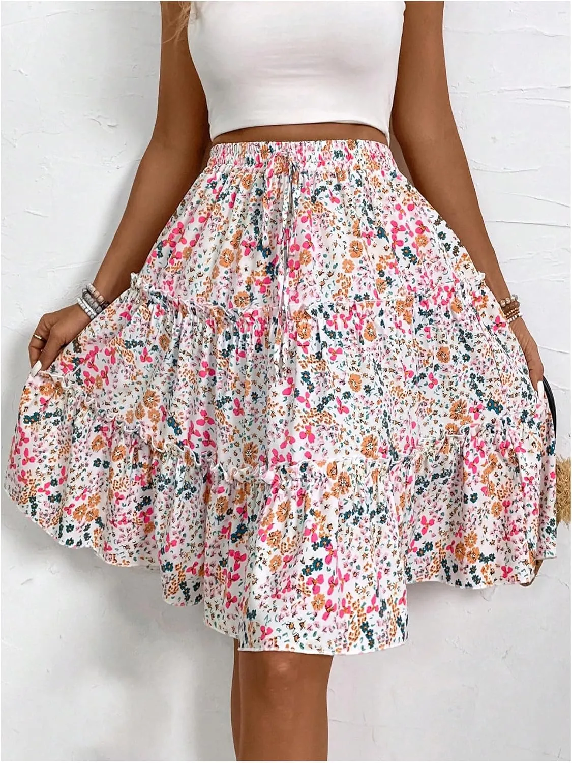 WDIRARA Women's Floral Print Ruffle Hem Elastic High Waist Tie Front Skirt