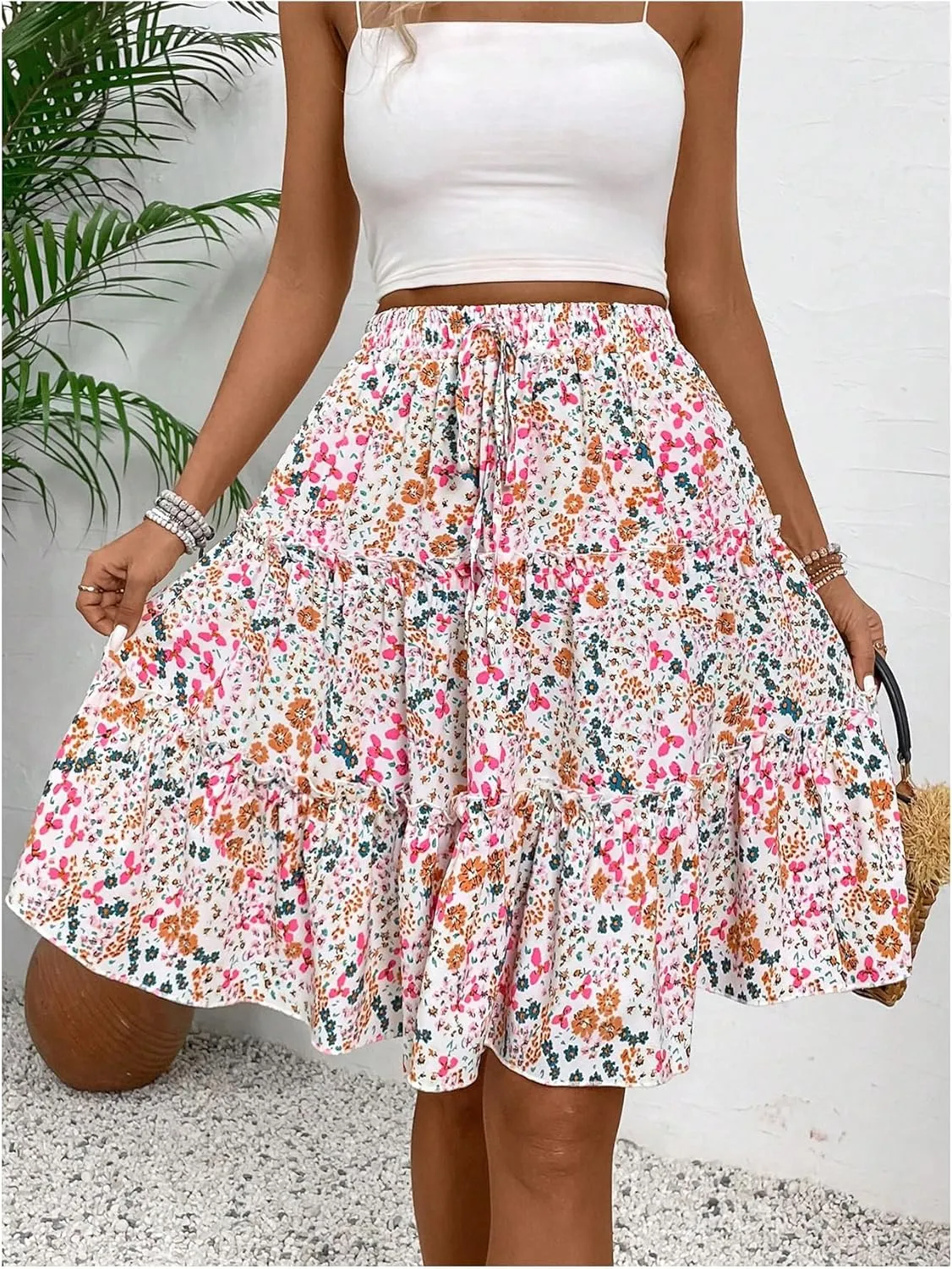 WDIRARA Women's Floral Print Ruffle Hem Elastic High Waist Tie Front Skirt