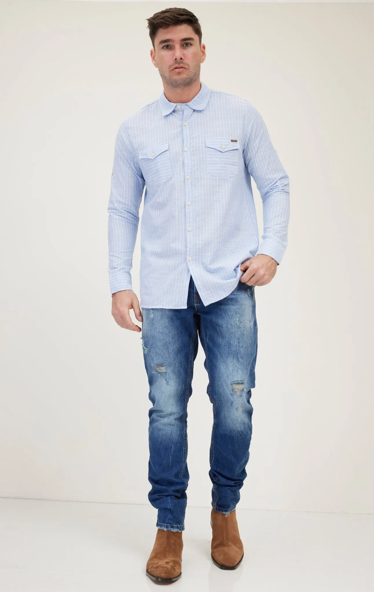 Western Striped Cotton Shirt - Blue