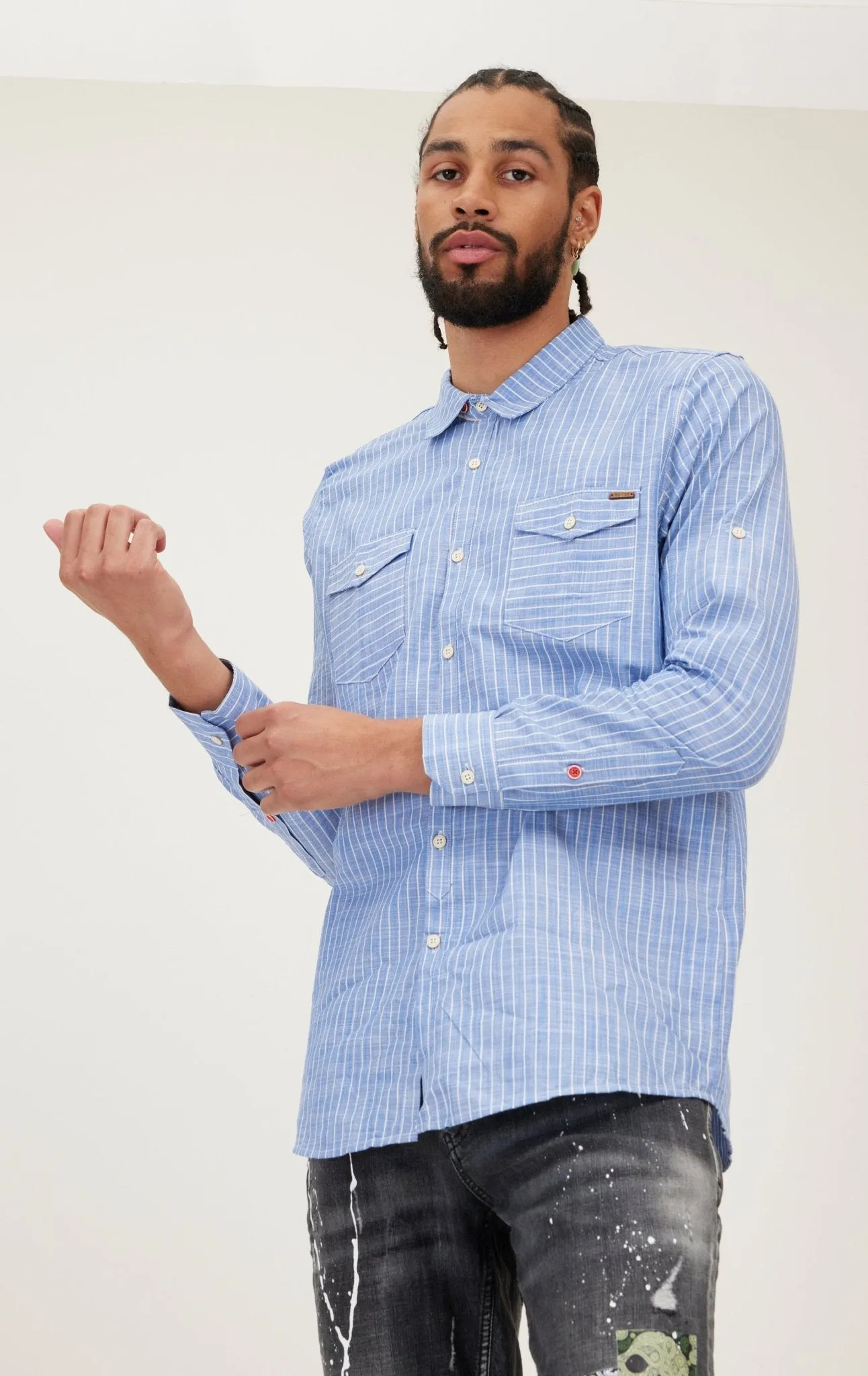 Western Striped Cotton Shirt - Dark Blue