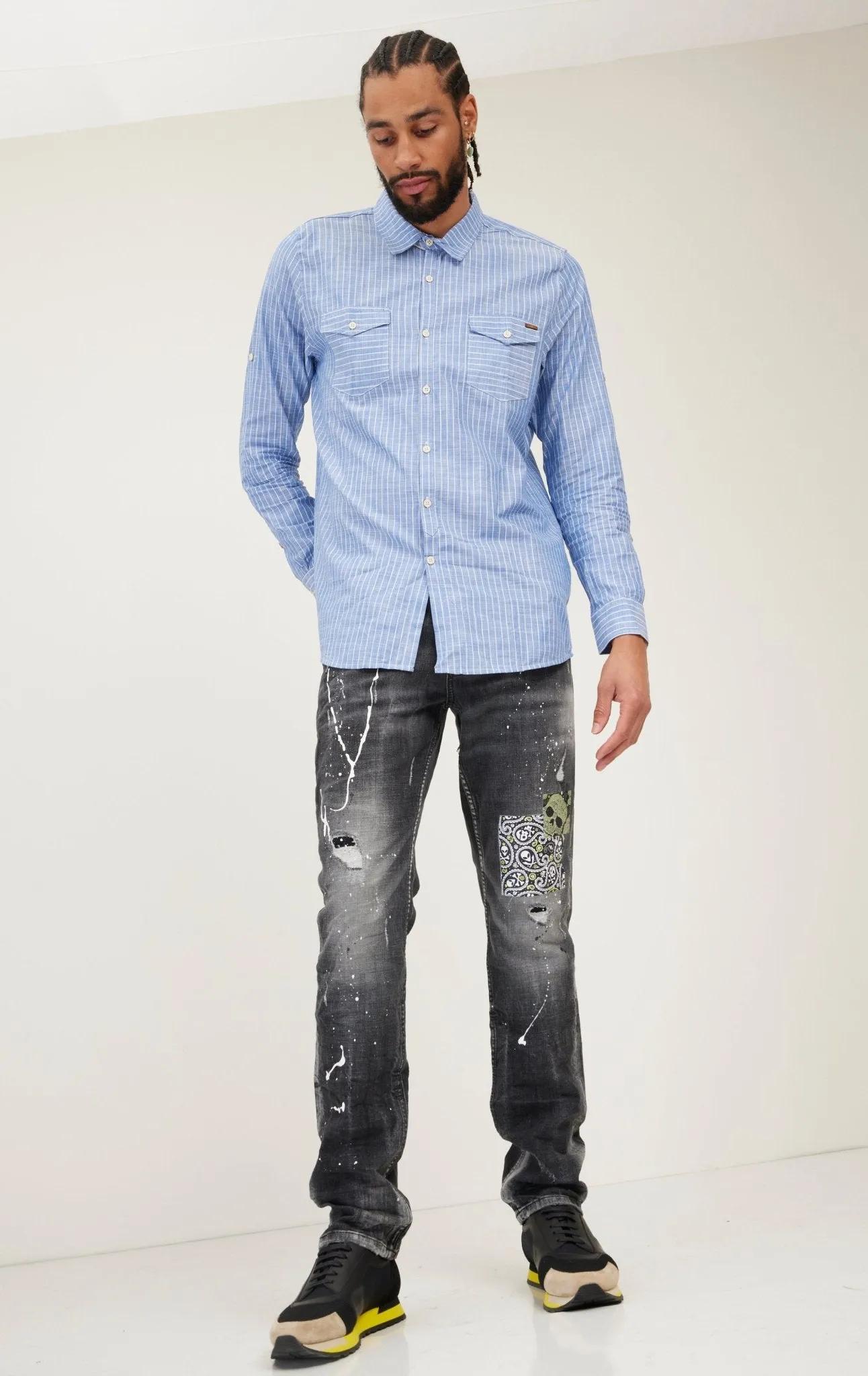 Western Striped Cotton Shirt - Dark Blue