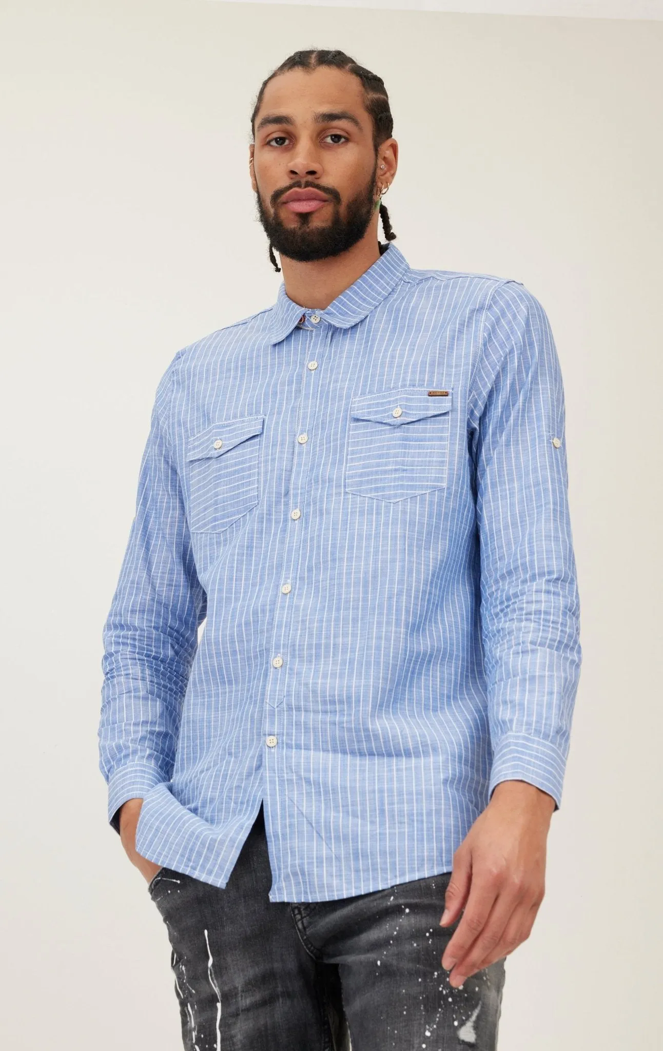 Western Striped Cotton Shirt - Dark Blue
