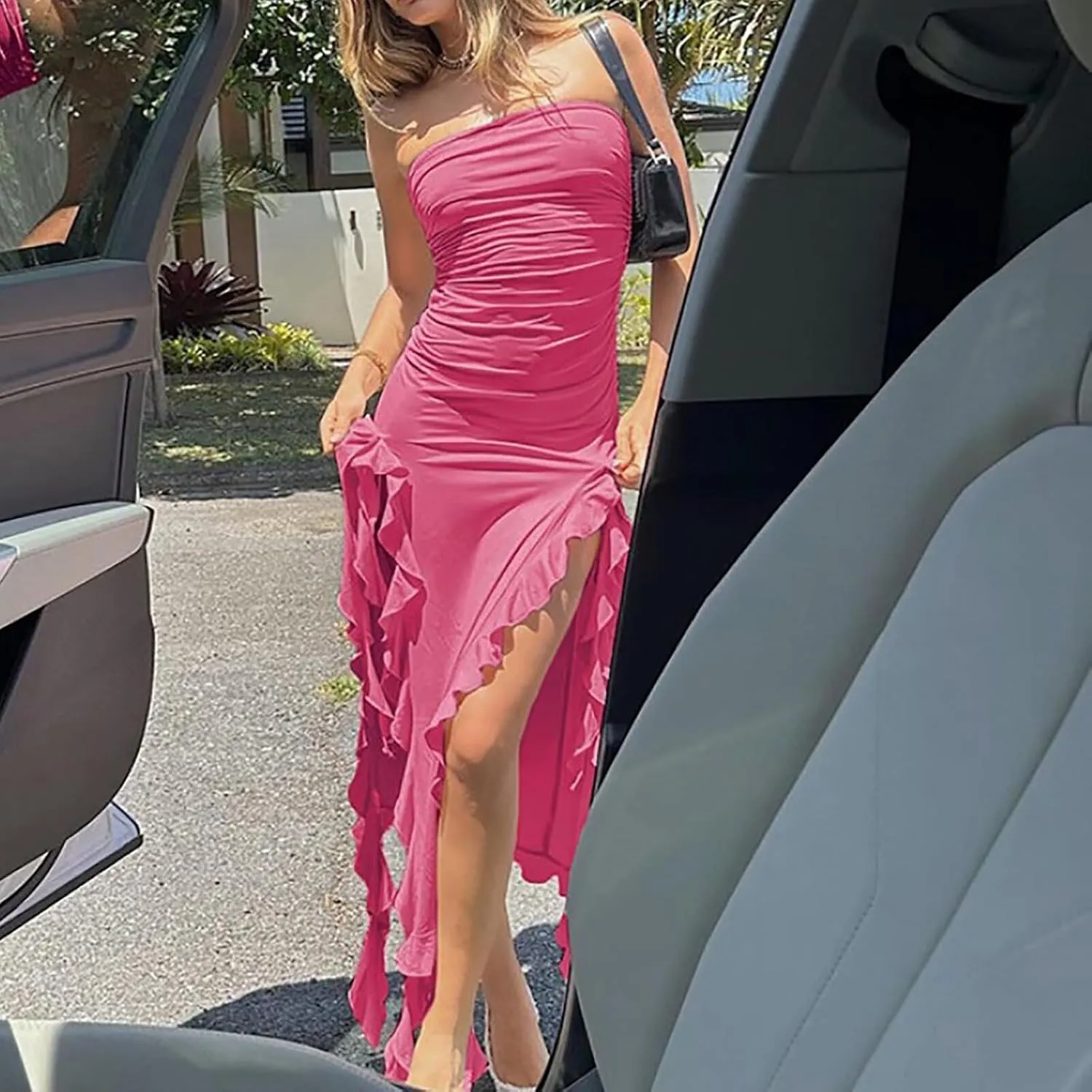 Women Ruffle Tube Dress Sexy Strapless Ruched Thigh Split Asymmetric Hem Tassel Midi Dresses