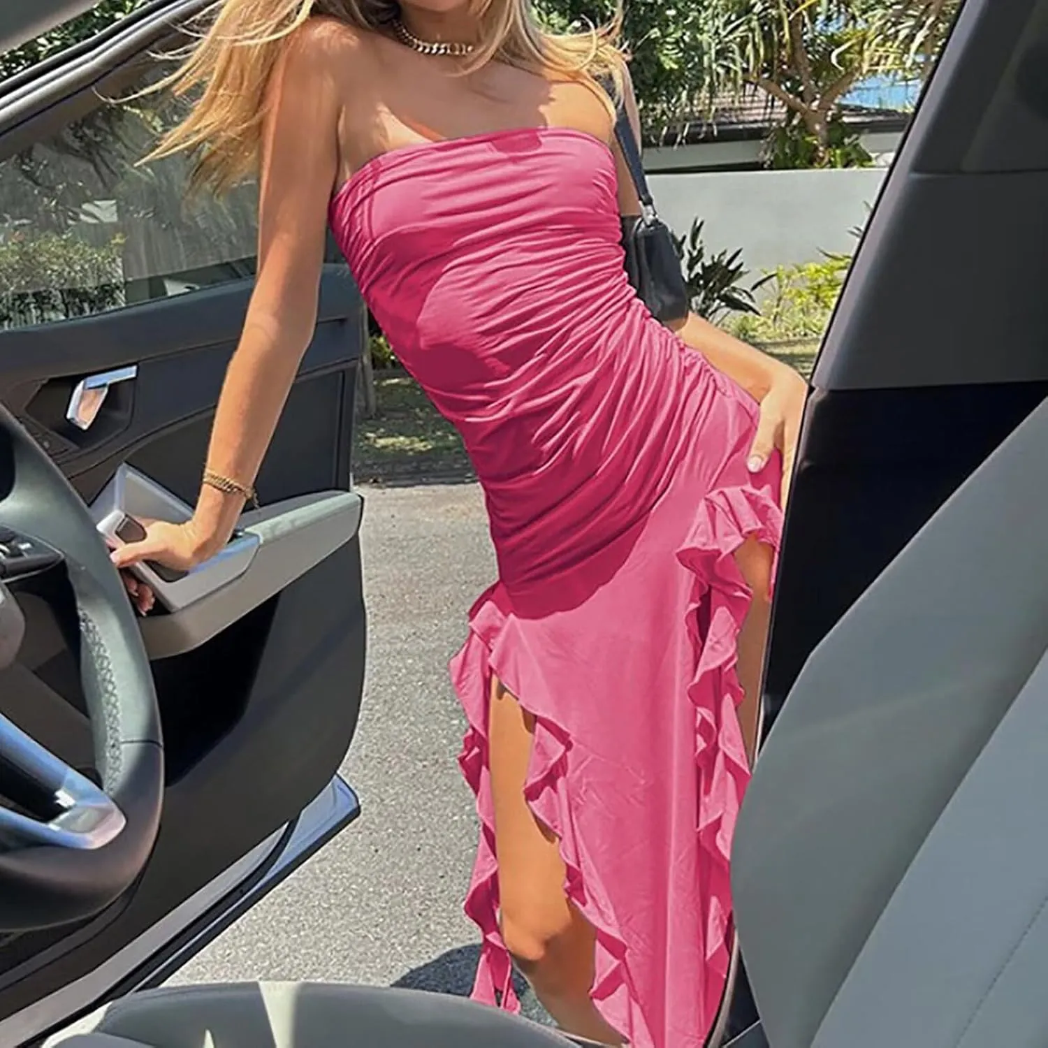 Women Ruffle Tube Dress Sexy Strapless Ruched Thigh Split Asymmetric Hem Tassel Midi Dresses