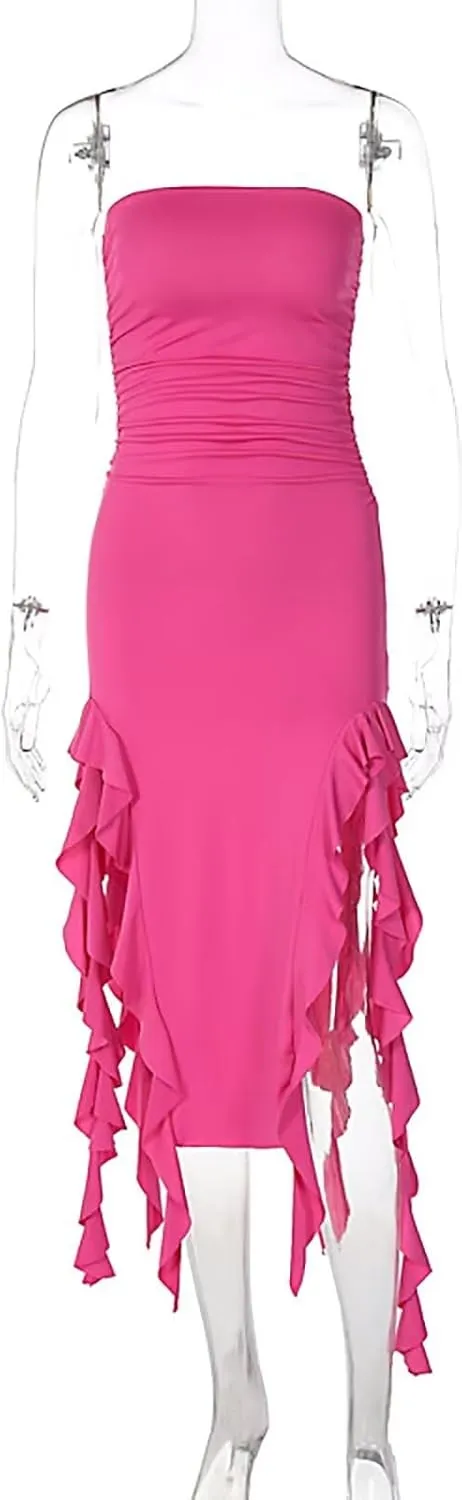 Women Ruffle Tube Dress Sexy Strapless Ruched Thigh Split Asymmetric Hem Tassel Midi Dresses