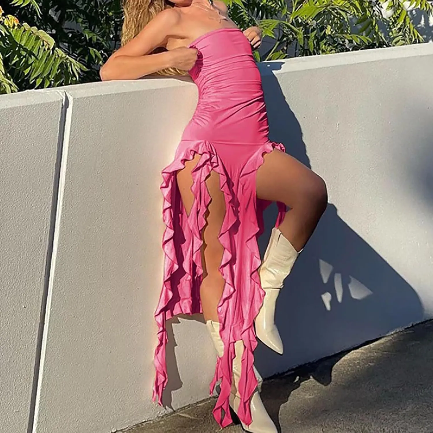Women Ruffle Tube Dress Sexy Strapless Ruched Thigh Split Asymmetric Hem Tassel Midi Dresses