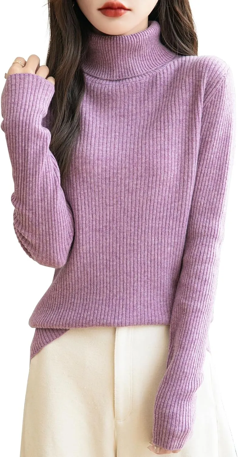 Women's 100% Merino Wool Turtleneck Sweater 2025 Fall Winter Long Sleeve Warm Soft Ribbed Knit Pullover Sweater