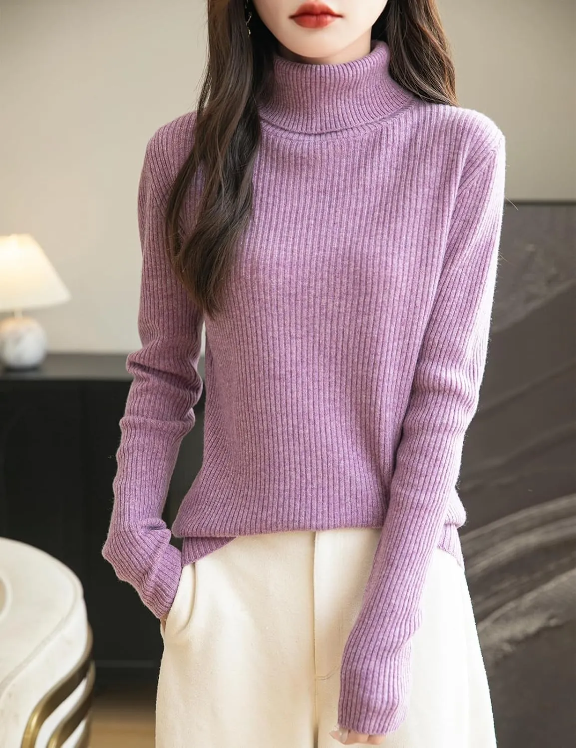 Women's 100% Merino Wool Turtleneck Sweater 2025 Fall Winter Long Sleeve Warm Soft Ribbed Knit Pullover Sweater