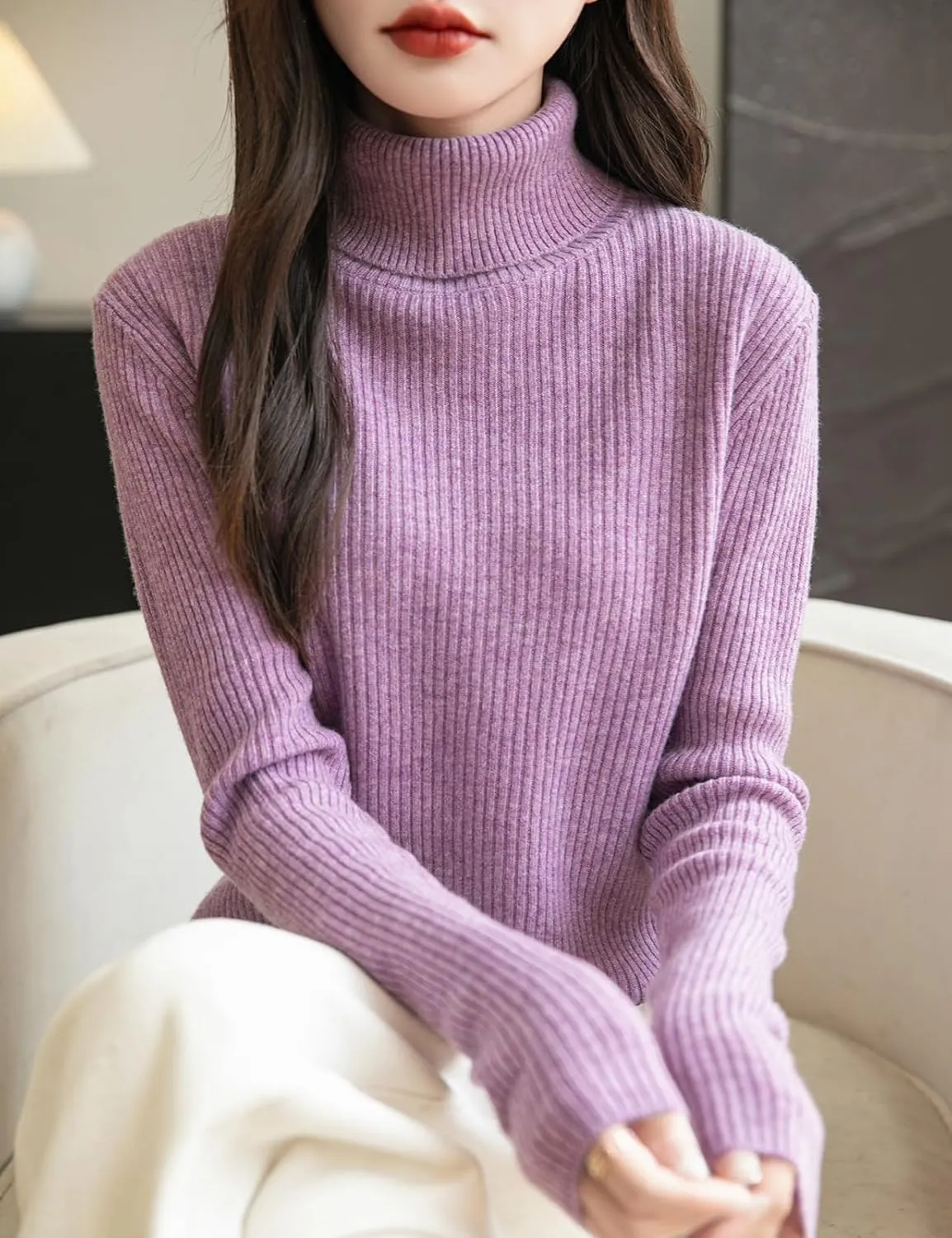 Women's 100% Merino Wool Turtleneck Sweater 2025 Fall Winter Long Sleeve Warm Soft Ribbed Knit Pullover Sweater