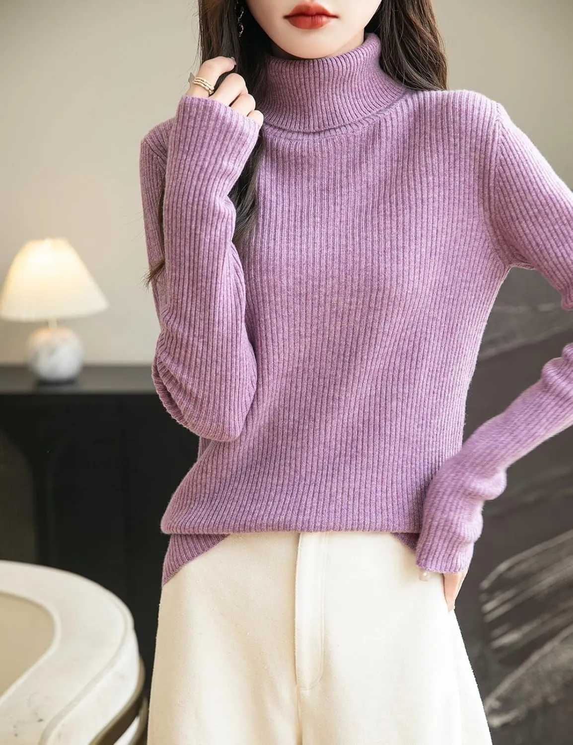 Women's 100% Merino Wool Turtleneck Sweater 2025 Fall Winter Long Sleeve Warm Soft Ribbed Knit Pullover Sweater