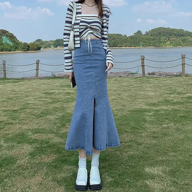 Womens Acubi Aesthetic Midi Denim Skirt